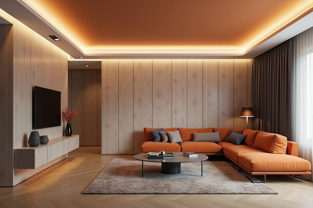Salon moderne avec canapé orange et éclairage indirect chaleureux.