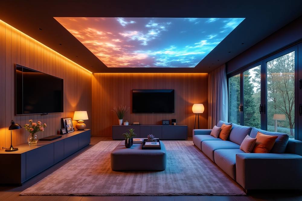 Salon moderne avec ciel dramatique, éclairage chaleureux et mobilier confortable.