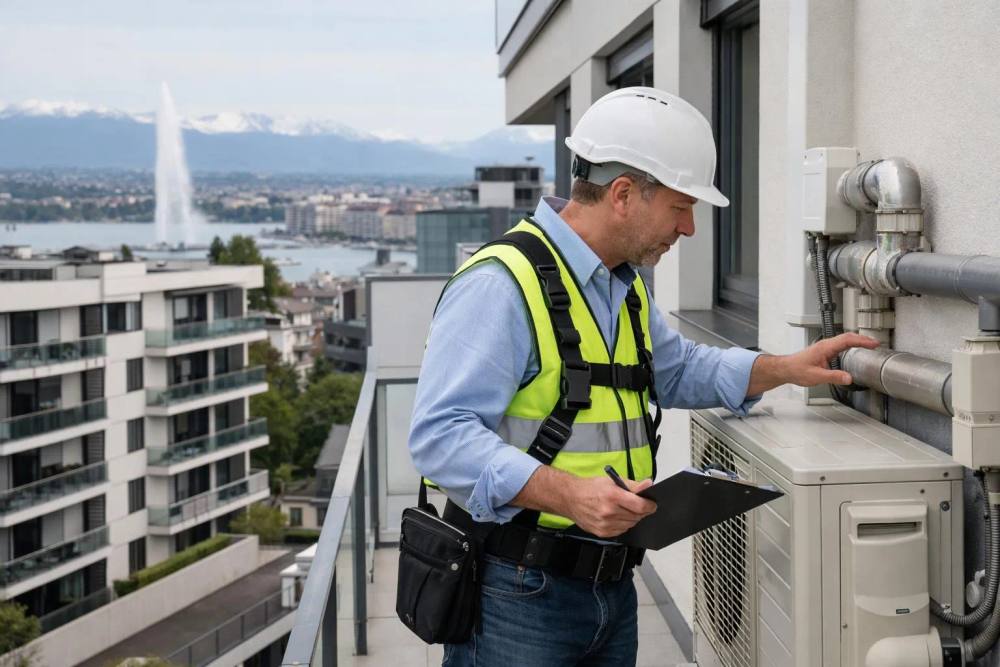 Ouvrier en unifique de sécurité inspectant un équipement sur un balcon avec vue sur la ville.