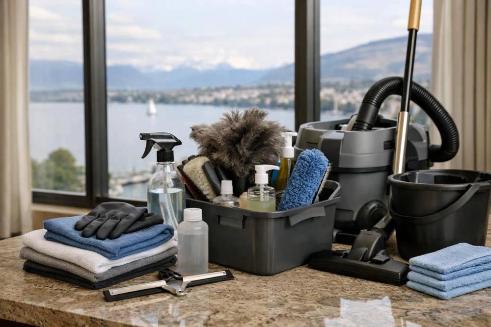 Boîte d'outils de nettoyage avec vue panoramique sur le lac.