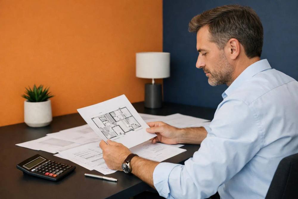 Homme d'affaires examinant des plans d'architecture sur son bureau.