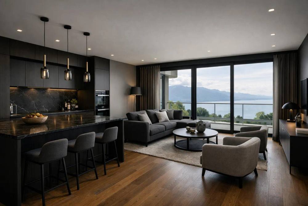Intérieur moderne avec cuisine noire, salon confortable et vue panoramique.