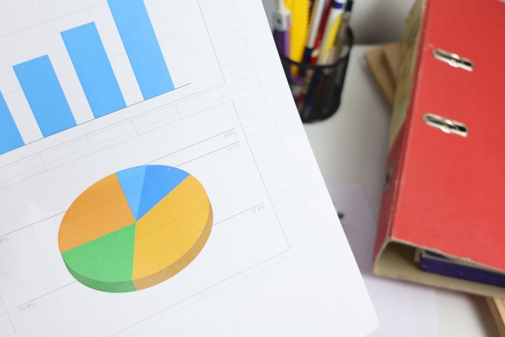 Graphiques statistiques colorés et dossiers de bureau rouges.