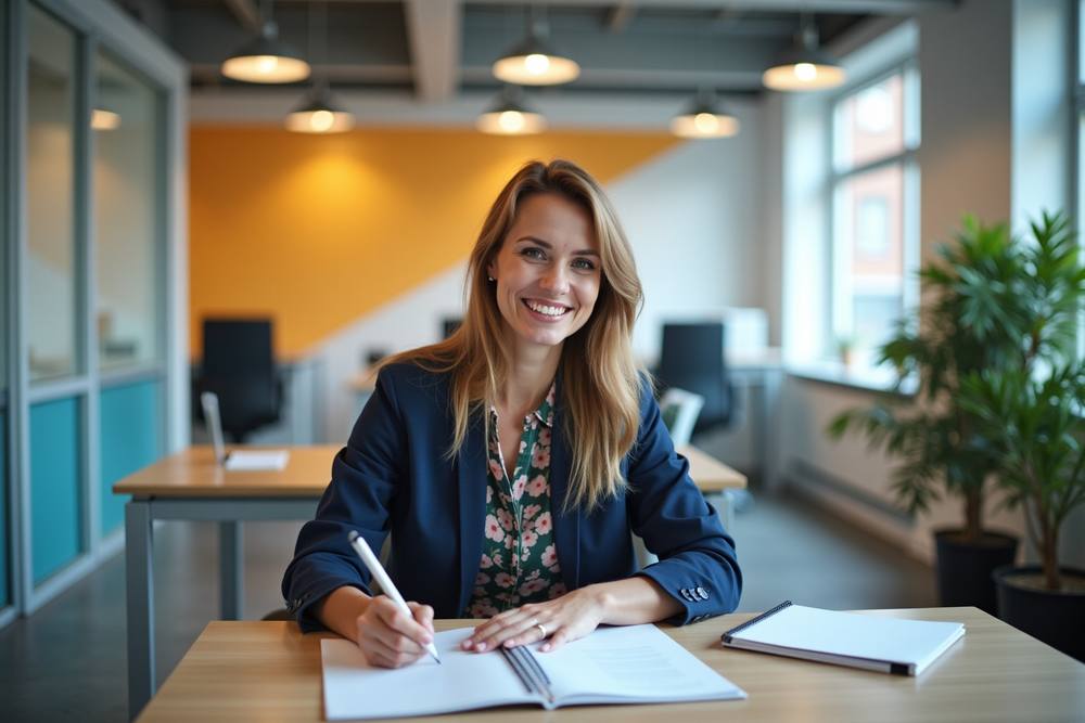 Femme d'affaires souriante travaillant dans un bureau moderne.