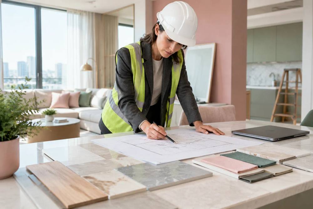 Architecte en casque et gilet réfléchissant examinant des plans intérieurs.