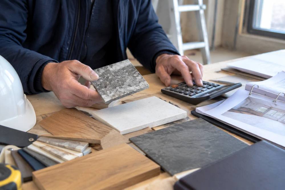 Architecte examinant des échantillons de matériaux avec plans et calculatrice