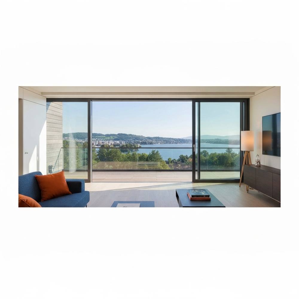 Intérieur de penthouse de luxe surplombant le lac Léman avec de grandes fenêtres, sol en marbre et mobilier contemporain sous la lumière du jour.