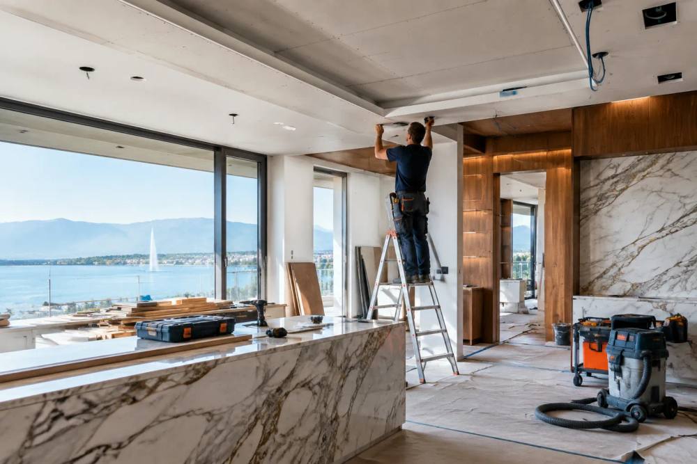 Ouvrier installant éclairage dans cuisine moderne avec vue lacustre