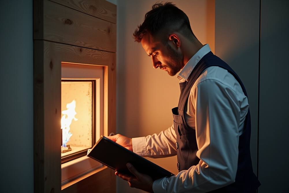 Homme en costume travaillant sur une tablette numérique dans une pièce sombre.