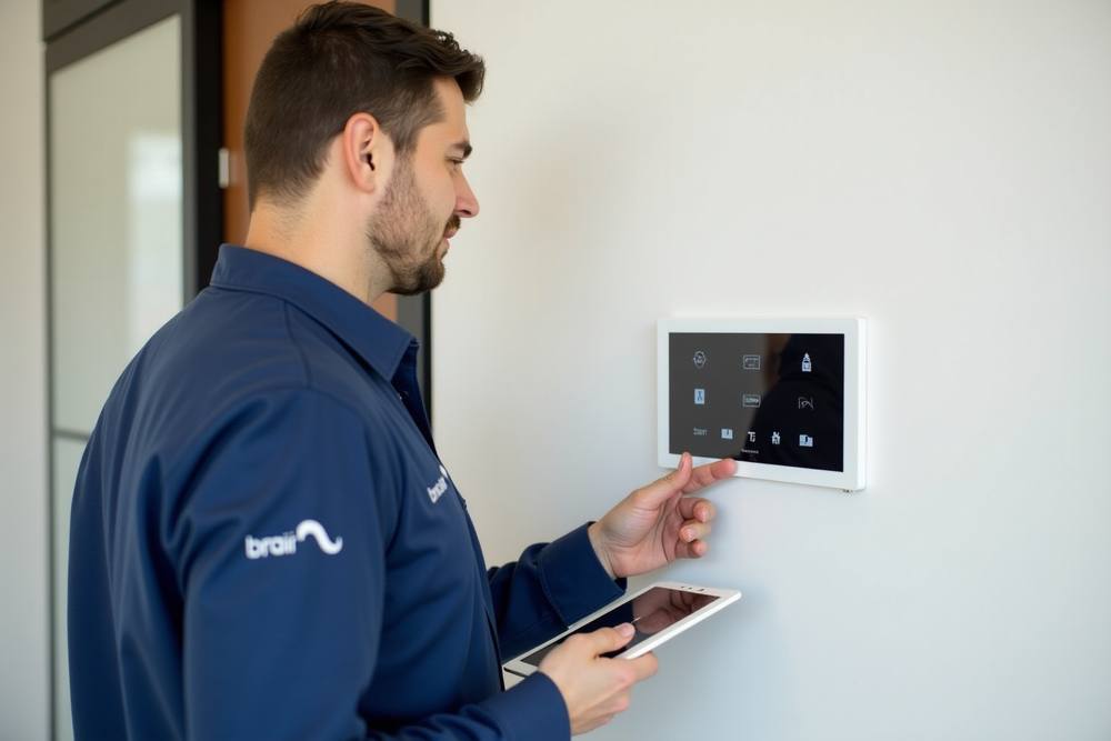 Technicien en uniforme bleu interagissant avec un panneau de contrôle électronique.