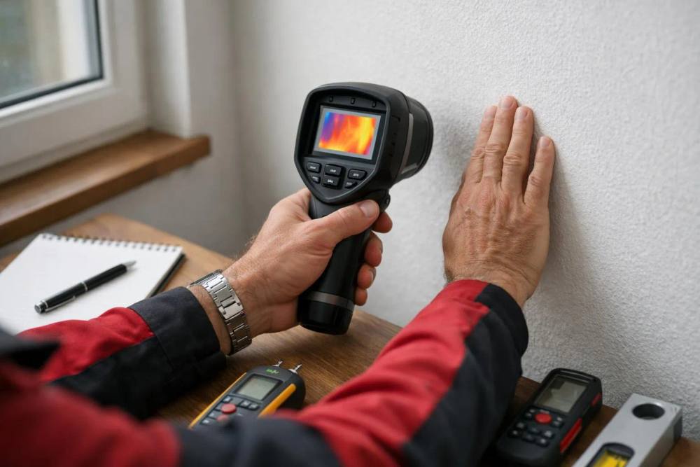 Expert technique en tenue professionnelle inspectant avec un appareil de mesure thermique l'isolation d'un mur intérieur d'une maison résidentielle moderne en Suisse romande, équipé d'un carnet de notes et d'outils de diagnostic, lumière naturelle traversant une fenêtre