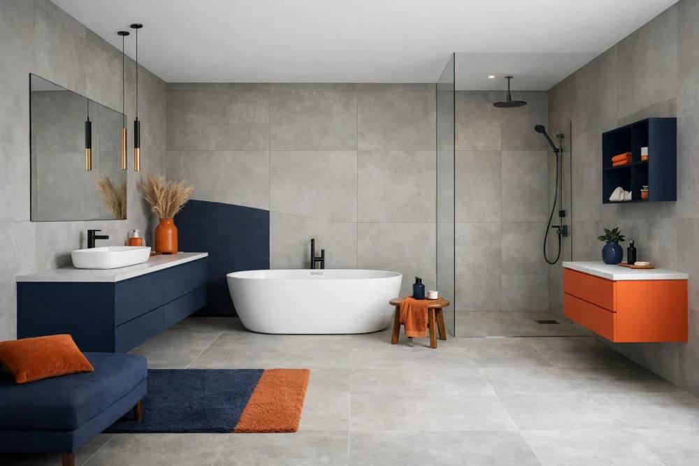 Salle de bain moderne avec carrelage gris, baignoire blanche et mobilier bleu et orange.