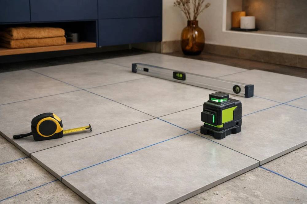 Outils de construction et de mesure sur carrelage gris.