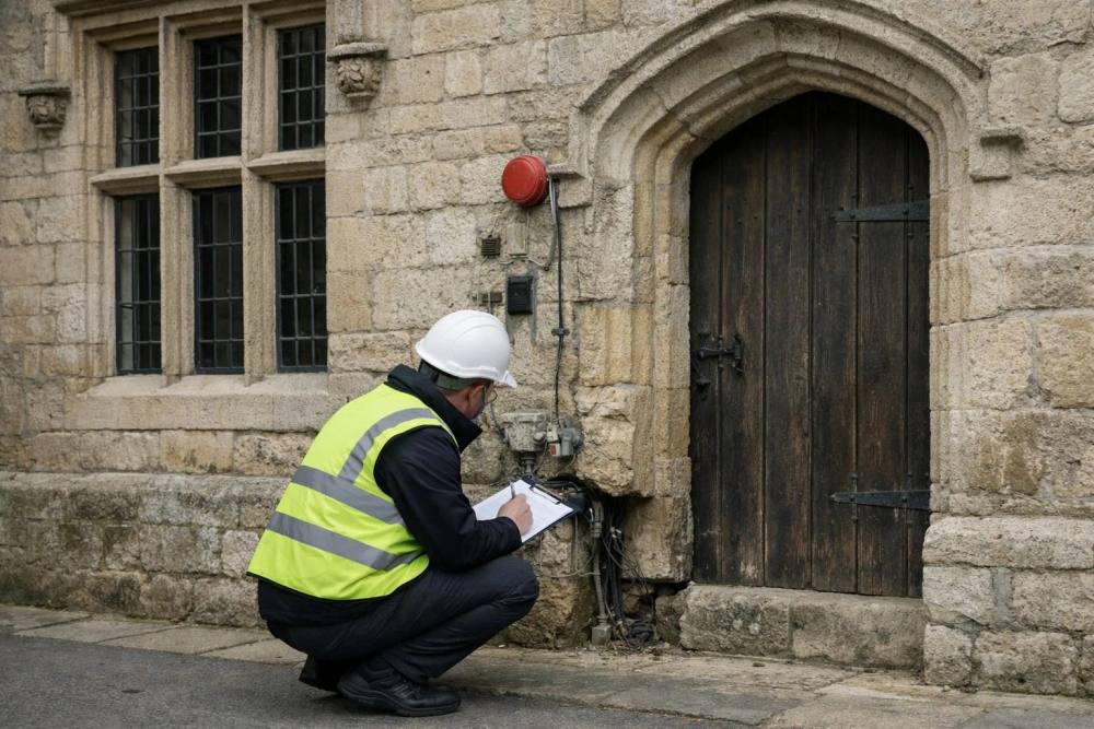 Gros plan sur les détails architecturaux d'une façade historique en pierre d'un bâtiment ancien en Suisse romande, montrant des fenêtres à meneaux, des corniches sculptées et des éléments patrimoniaux préservés, avec un inspecteur examinant les passages de câbles et les ouvertures structurelles pour évaluer les vulnérabilités incendie