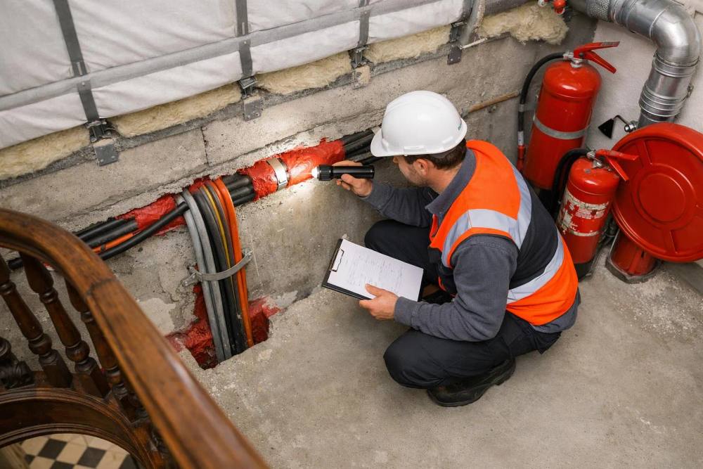 Interior renovation specialist inspecting fire-rated door seals and smoke barrier systems in an elegant historic apartment building, with visible cable penetrations and fire protection equipment in classic Swiss architecture