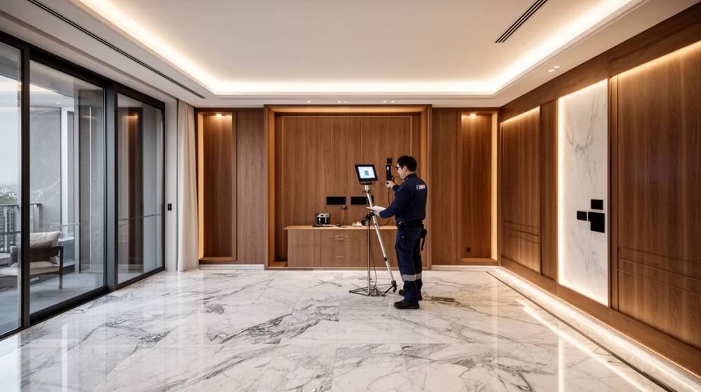 Intérieur luxueux avec sol en marbre et mobilier en bois.