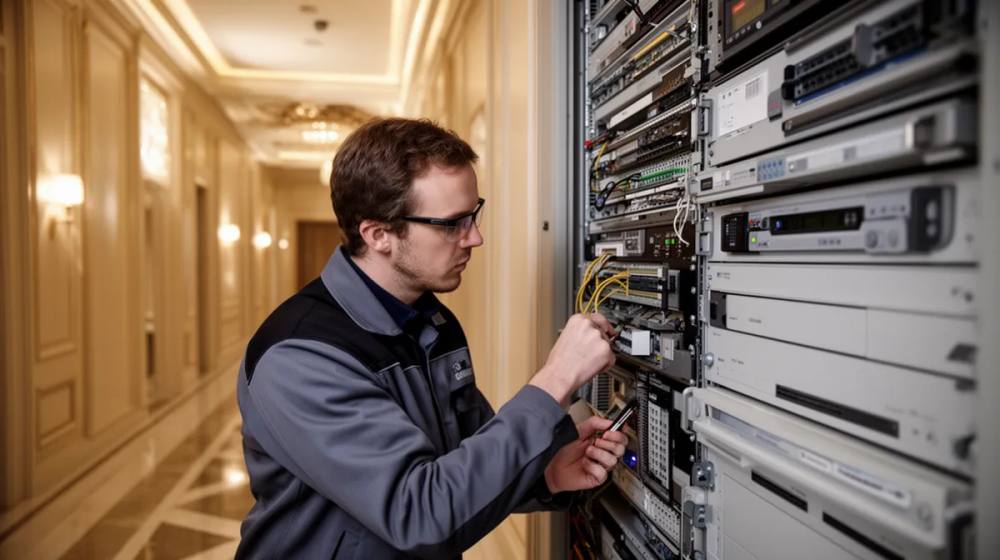 Technicien informatique réparant un équipement électronique dans un couloir.