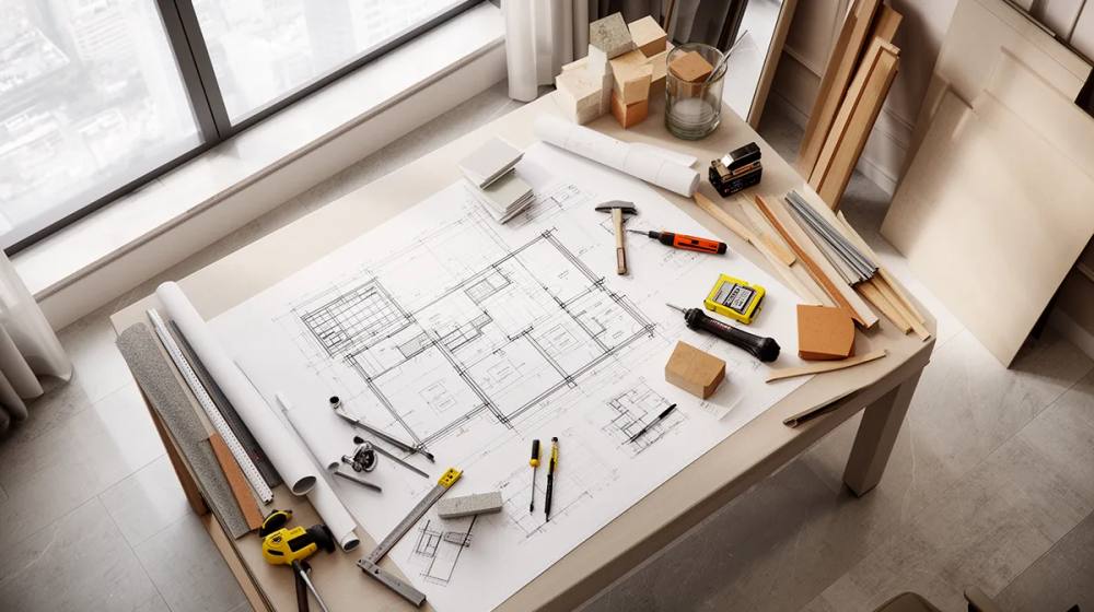 Outils et plans d'architecture sur une table de travail.