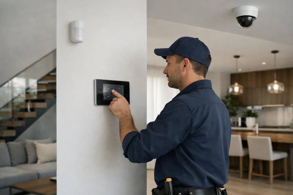 Technicien en uniforme bleu vérifiant un panneau de contrôle électronique sur le mur.