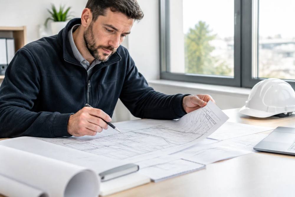 Homme barbu en veste noire examinant des plans de construction.