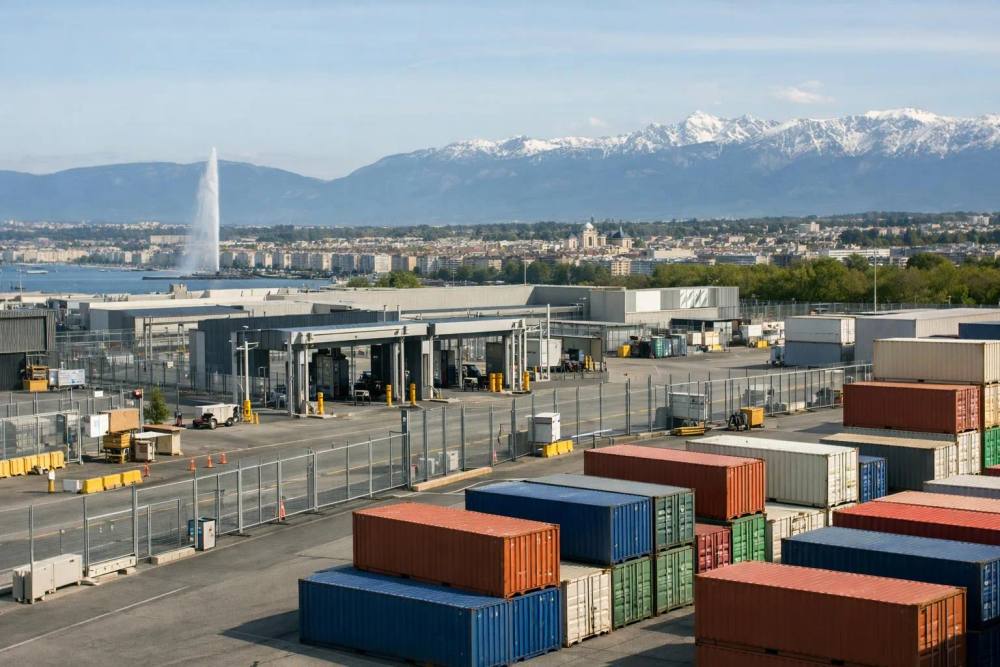 Entrepôt sécurisé moderne avec conteneurs d'expédition internationaux alignés, paysage urbain de Genève et Alpes en arrière-plan, environnement logistique professionnel avec portails de sécurité et zone douanière, style photo industrielle réaliste.