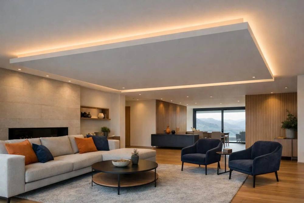 Un salon suisse élégant avec un éclairage LED encastré dans un plafond suspendu moderne, créant une douce ambiance.