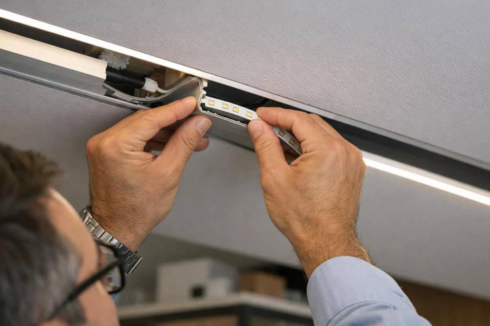 Un bureau suisse moderne avec un éclairage LED encastré dans un faux plafond suspendu, créant un effet de plafond flottant avec un éclairage indirect blanc chaud.