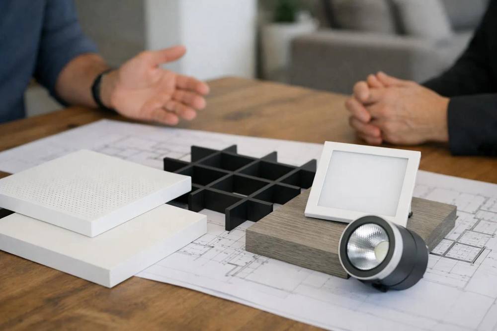 Un designer d'intérieur présente des échantillons d'éclairage LED et de faux plafonds à des clients résidentiels, dans un cadre de rénovation de maison suisse moderne, avec de la lumière naturelle et une atmosphère professionnelle.