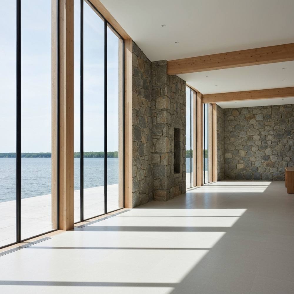 [Un intérieur luxueux et minimaliste, avec une vue sur le Lac Léman, mettant en valeur des textures diverses comme la pierre et le bois.]