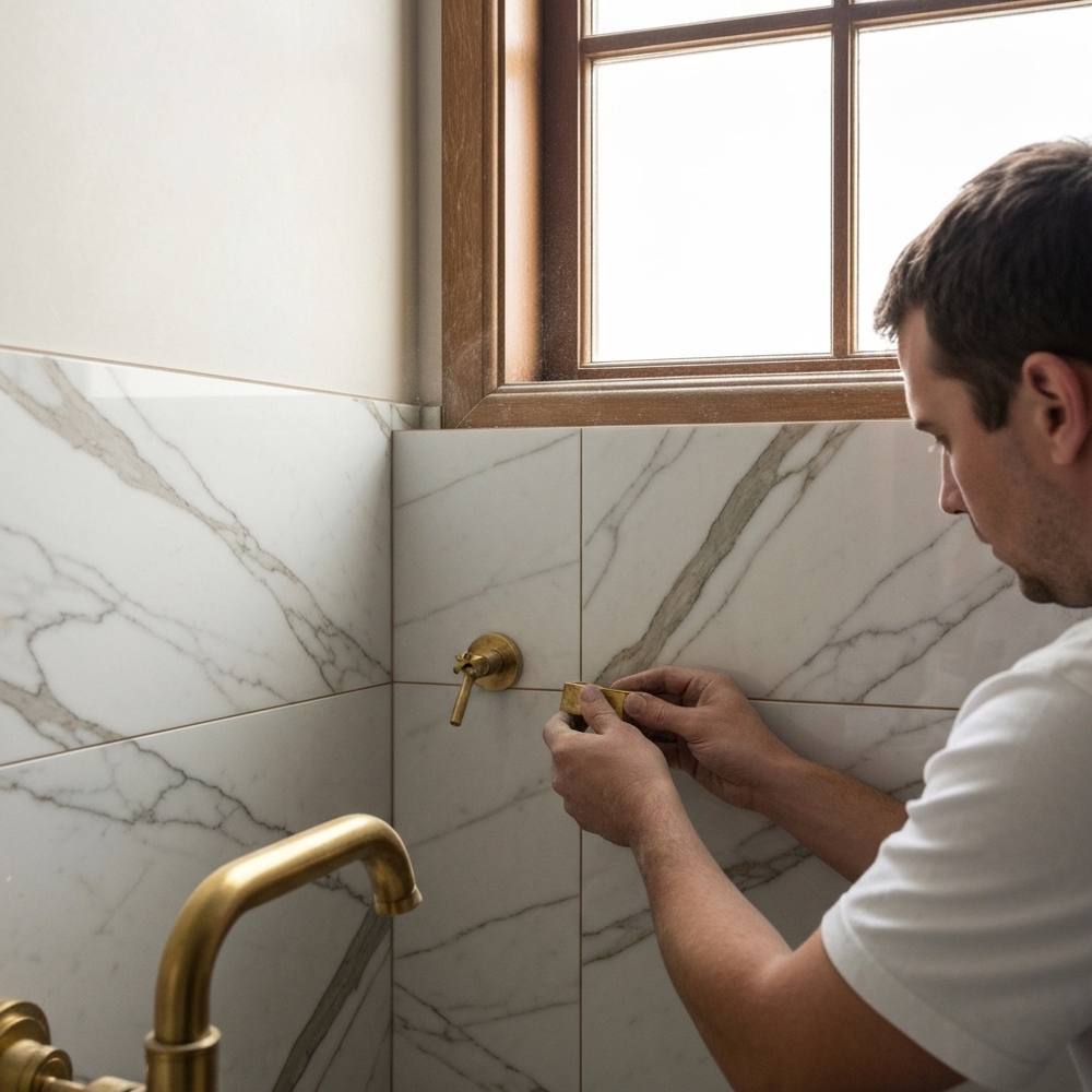 Une salle de bain luxueuse avec des murs et un sol en marbre Calacatta Gold, baignoire îlot et robinetterie en laiton.