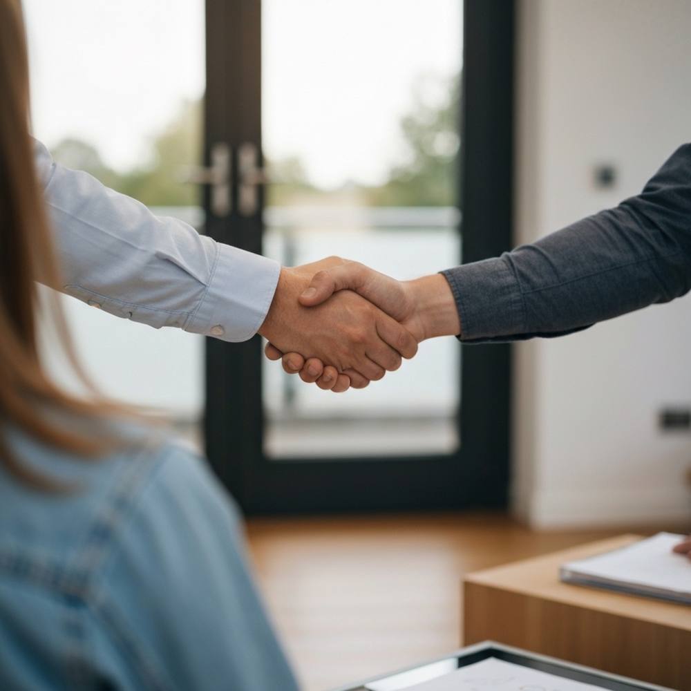 [Une poignée de main entre un professionnel en chemise et un client, avec en arrière-plan flou un intérieur de villa moderne en cours de rénovation. L'image doit être lumineuse et inspirer la confiance.]