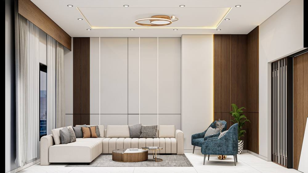 Salon moderne avec canapé en forme de L, fauteuil bleu et table basse en bois.