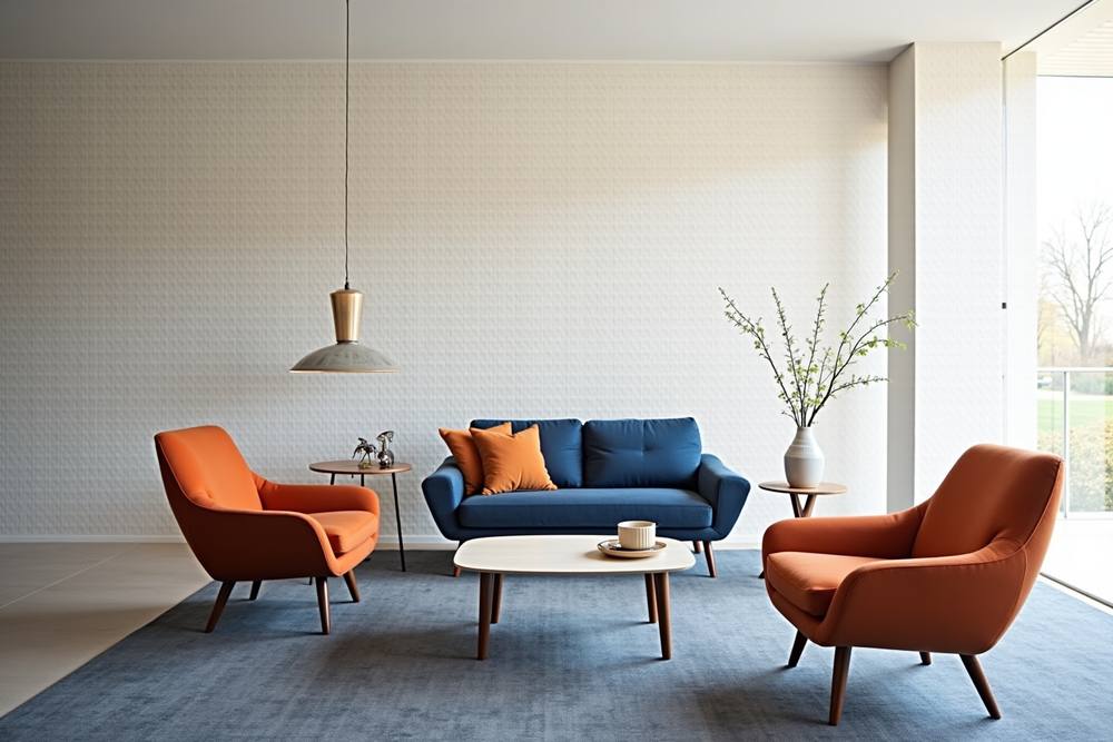 Salon moderne avec canapé bleu, fauteuils orange et table basse.
