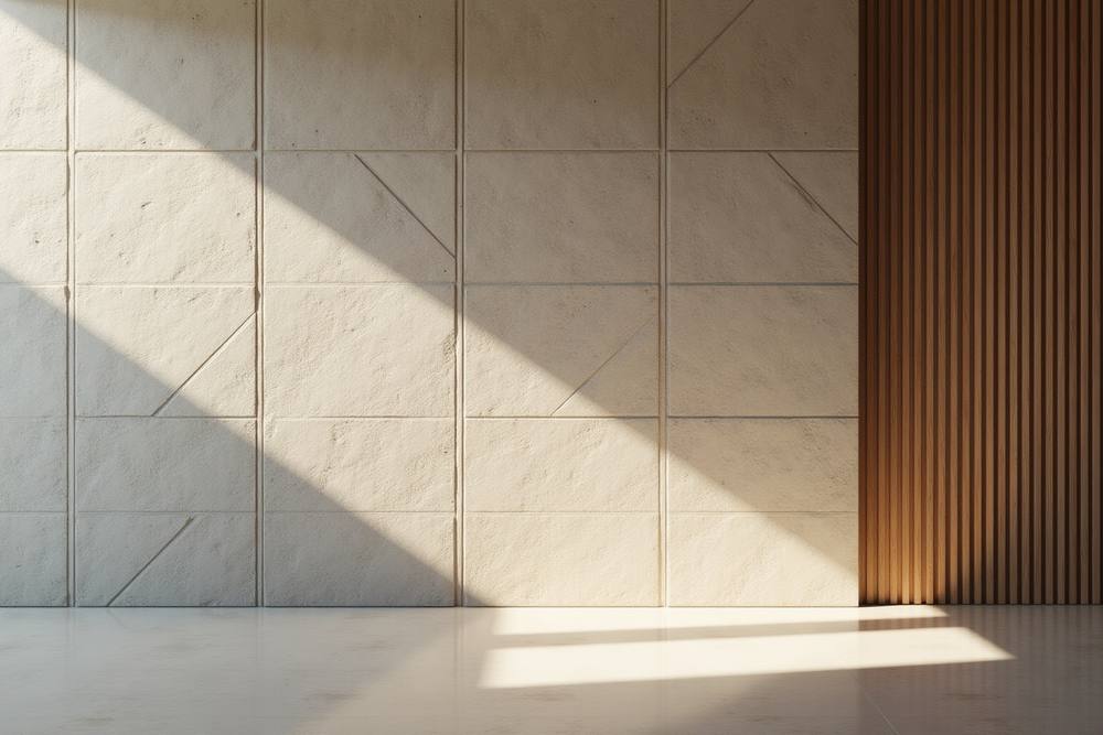 Carrelage beige, mur en bois, ombre sur le sol.