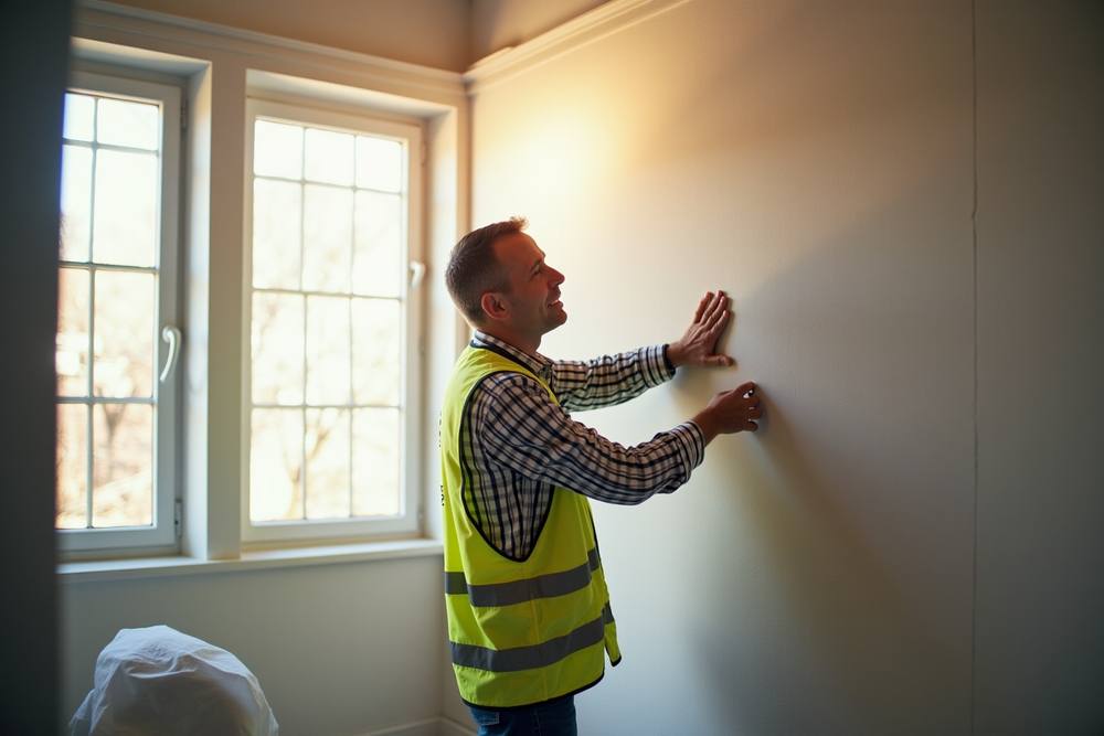 Ouvrier en gilet de sécurité réparant un mur intérieur.