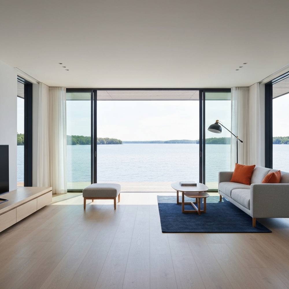 [Un salon élégant et minimaliste dans un appartement avec vue sur le Lac Léman, baigné d'une lumière douce, évoquant une atmosphère de calme et de sérénité absolue.]