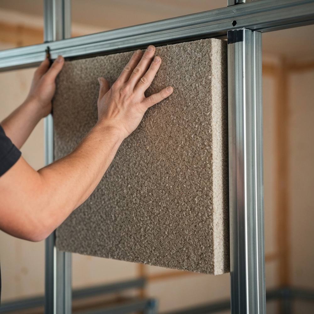 [Une photo détaillée montrant un artisan qualifié en train d'installer avec précision un panneau d'isolant acoustique haute densité sur une ossature métallique, dans le cadre d'une rénovation haut de gamme.]