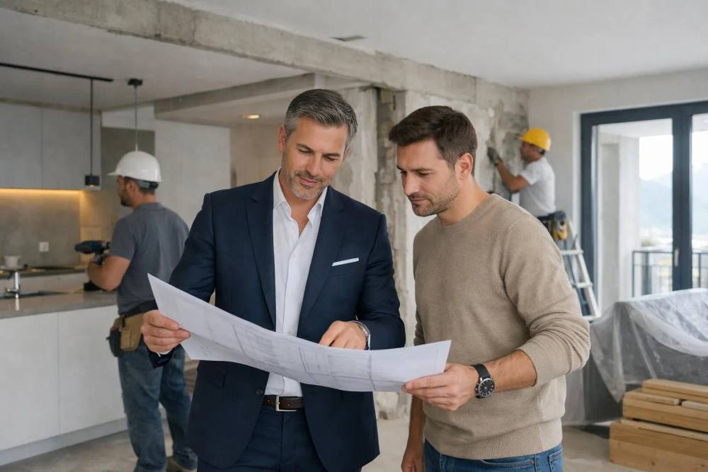 Un entrepreneur général professionnel en costume élégant examine des plans d'architecture avec un client dans un chantier de rénovation d'appartement suisse moderne, coordonnant plusieurs ouvriers en arrière-plan, intérieur de luxe épuré avec travaux de rénovation apparents, éclairage naturel par de grandes fenê