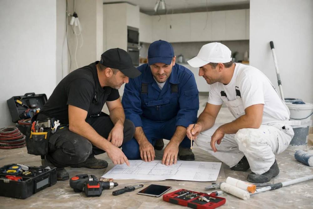 Une équipe de rénovation professionnelle examine les plans d'un appartement suisse, avec un électricien, un plombier et un peintre travaillant ensemble, des outils modernes visibles, une scène de coordination montrant une gestion de projet complète pour un entrepreneur général de rénovation suisse.