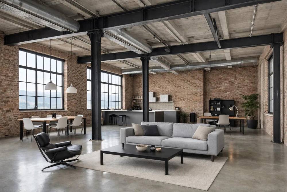 Intérieur de loft industriel suisse spacieux avec murs de briques apparentes, poutres et colonnes en acier visibles, grandes fenêtres d'usine inondant l'espace ouvert de lumière naturelle, sols en béton poli, hauts plafonds montrant l'architecture industrielle d'origine