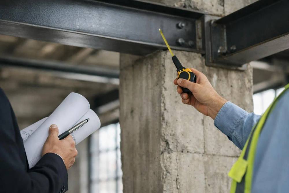 Architecte et ingénieur en construction examinant des poutres en acier et des colonnes en béton dans un loft industriel vide avec de la lumière naturelle, tenant des plans et des outils de mesure.