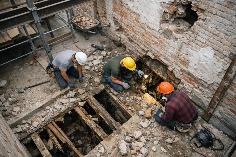 Rénovation d'un loft industriel en cours, murs de briques apparentes avec problèmes structurels, poutres en acier anciennes renforcées, ouvriers découvrant des problèmes cachés pendant la démolition, intérieur authentique d'un bâtiment industriel suisse.