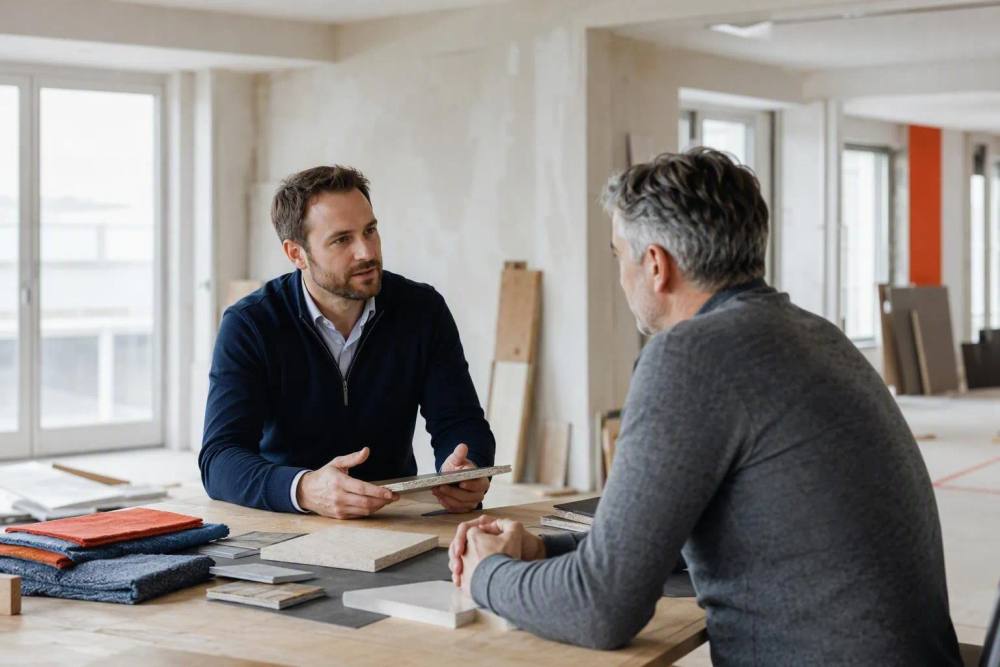 Deux hommes discutent autour d’échantillons de matériaux de rénovation.