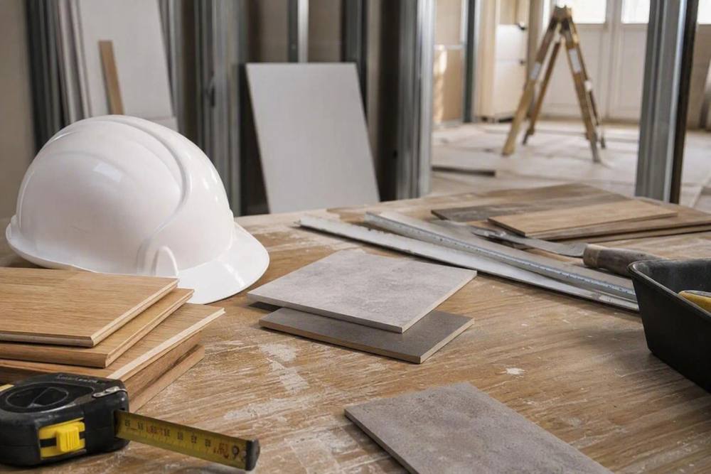 Casque de chantier blanc et matériaux sur table de rénovation
