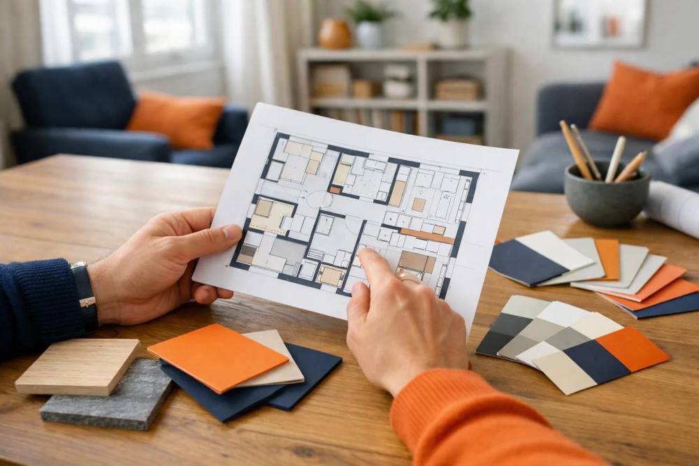 Plans de rénovation détaillés, échantillons de couleurs, ambiance de consultation professionnelle dans un intérieur suisse lumineux.