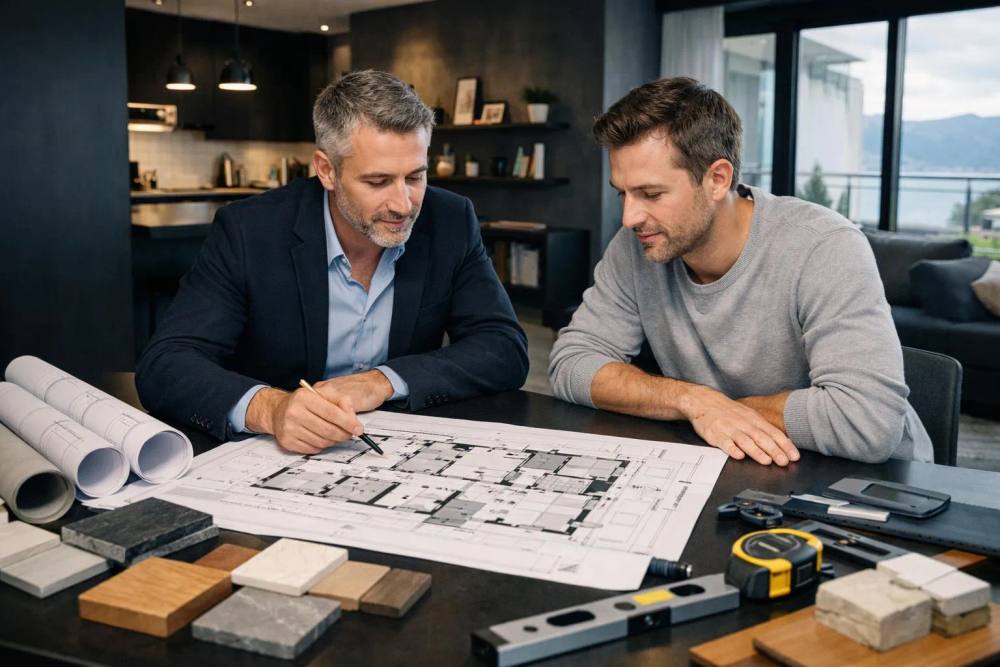 Un architecte ou chef de projet professionnel examinant des plans de rénovation détaillés avec un client dans un intérieur d'appartement moderne lumineux, démontrant la collaboration et l'expertise dans la rénovation immobilière en Suisse romande, avec des matériaux de construction et des plans au sol visibles sur une table.