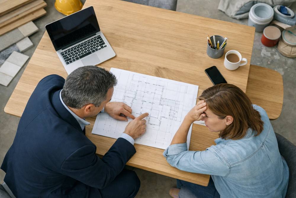 Gestionnaire de rénovation professionnel en tenue formelle examinant des plans architecturaux détaillés avec un propriétaire suisse d'âge moyen préoccupé autour d'une table à manger moderne, sous la lumière naturelle des fenêtres rénovées, avec des matériaux de construction visibles en arr