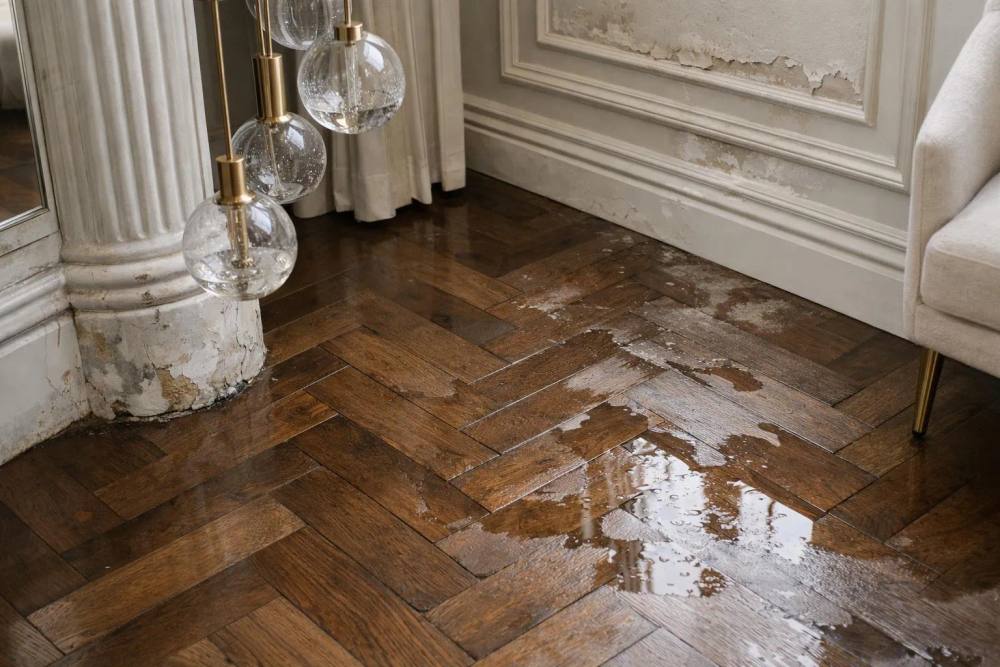 Close-up view of luxury home interior details showing water damage on premium materials: elegant hardwood parquet flooring with visible water stains, designer ceiling fixtures, and high-end wall finishes, captured in natural light to show the vulnerability of expensive materials to common household risks