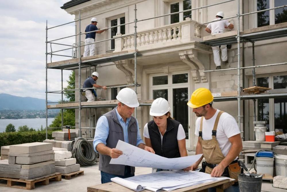 Une équipe de rénovation professionnelle travaille sur la façade d'une villa de luxe à Genève, avec des échafaudages, des matériaux haut de gamme et des plans architecturaux visibles, démontrant son expertise dans la transformation de propriétés de prestige.