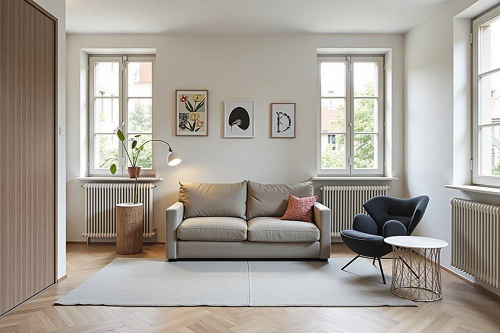 Salon moderne avec canapé gris, fauteuil noir, table basse et décorations murales.